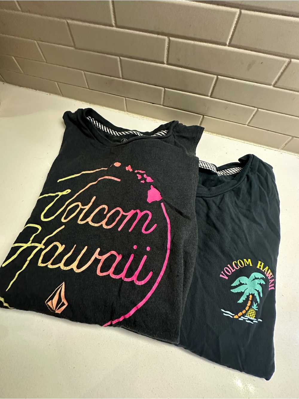 Volcom Black Logo Crewneck T-Shirt with Striped Neck Trim